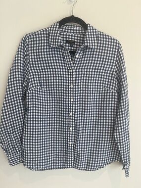 Talbots 100% Linen Gingham Button Down Shirt Roll Tab Sleeve Navy White PM